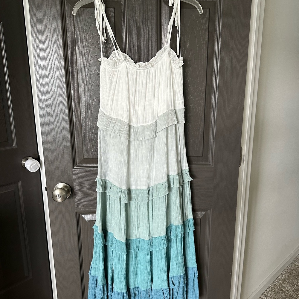 Tiered Maternity Maxi Dress in Blue and White